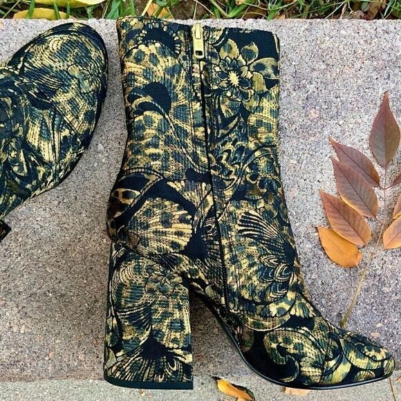 ASH WOMEN’S AS-FLORA MID-CALF BLOCK-HEEL BOOTS IN GOLD & BLACK WOMEN SIZES 9, 10 - Picture 8 of 15